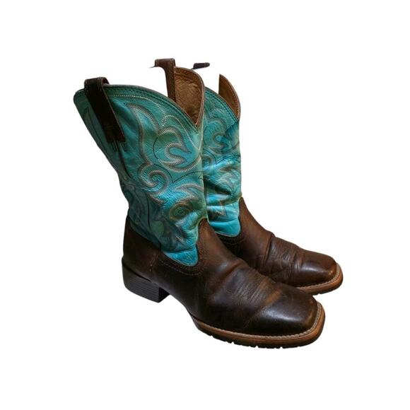 Ariat Sz 8.5 Rancher Cowboy Boots Teal Brown Leather Western Indie Festival - Picture 2 of 8